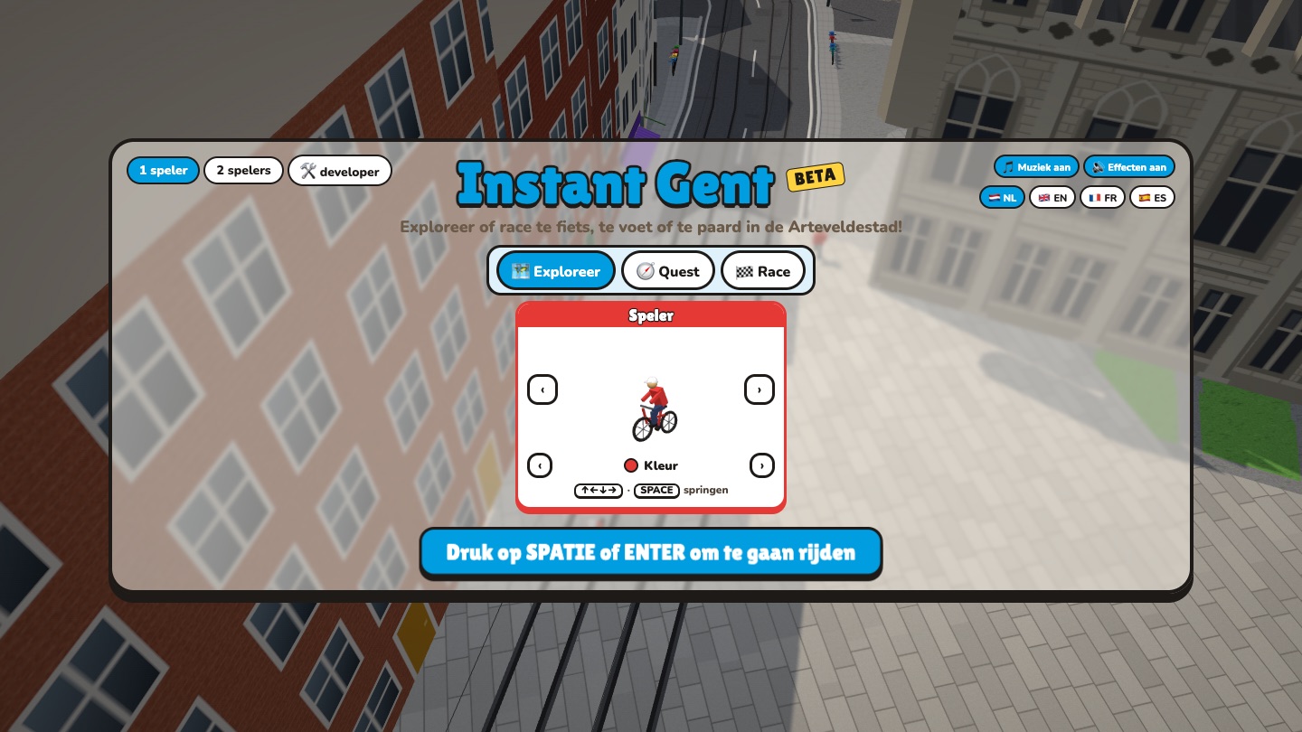 Het startscherm van Instant Gent: kies je dier, je modus en je taal