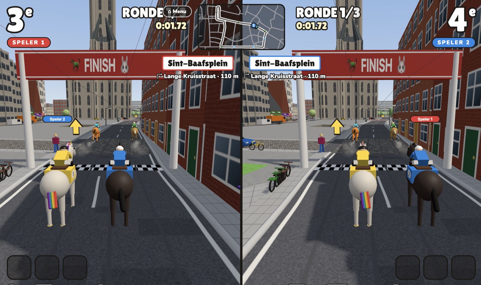 Two players racing through Ghent in split screen